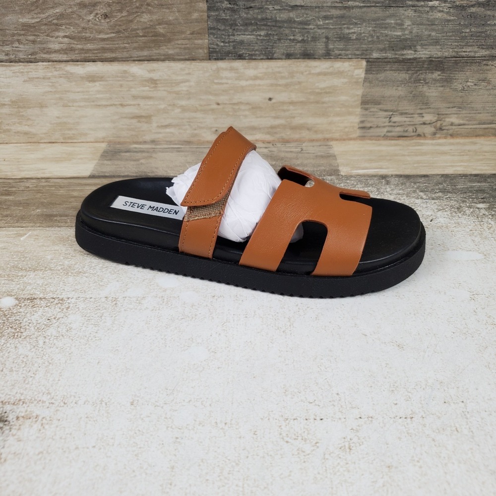 Steve Madden Mayven Womens Slide Sandals Sz 6.5 M Cognac Leather Slip On Comfort